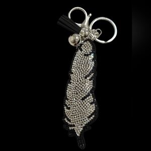 Silver Rhinestone Feather Bag Charm Keychain